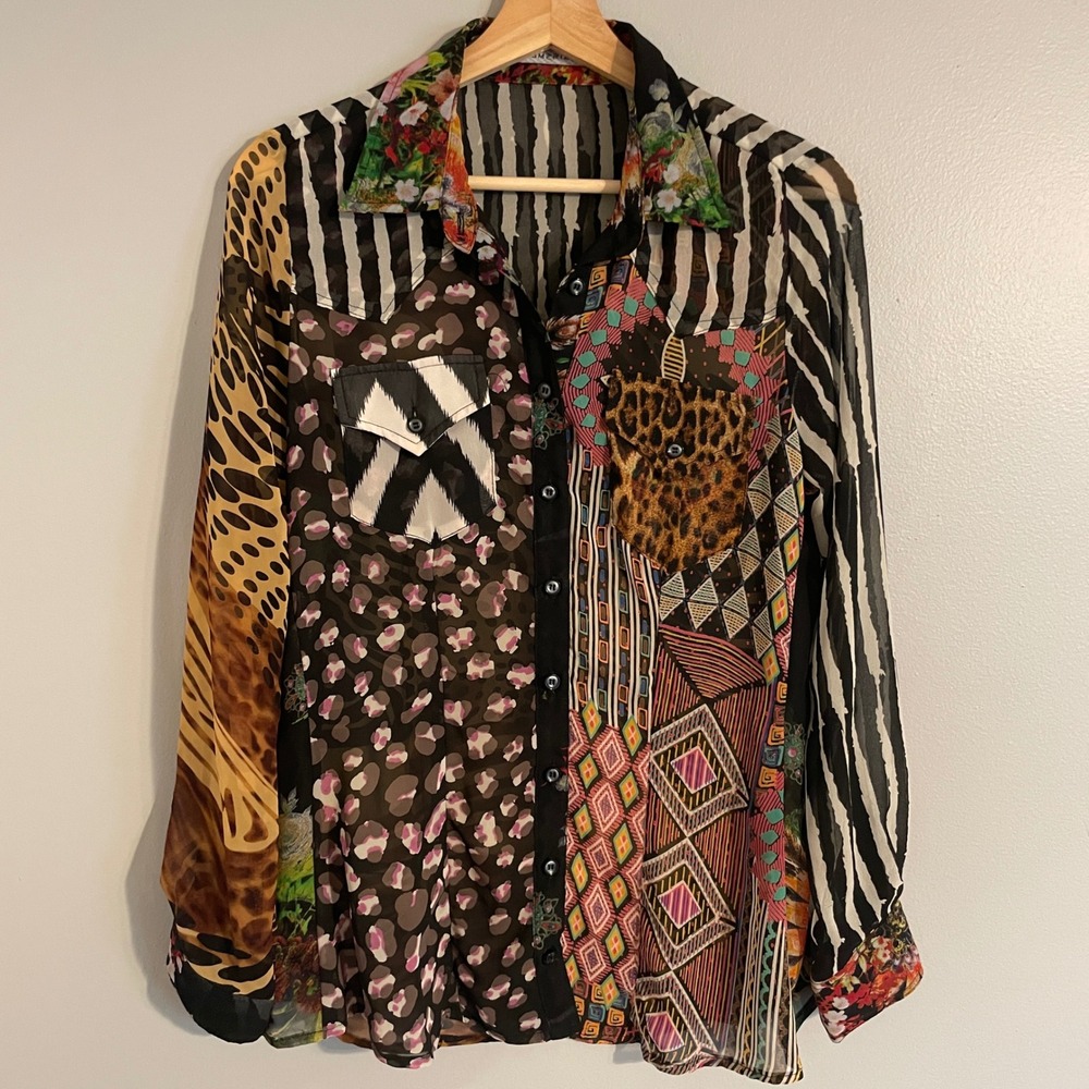 Mesmerize Button Down Shirt Womens Medium Multicolor Mixed Print Eclectic Boho